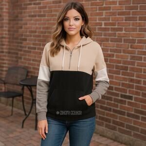 Boutique Colorblock Quarter Zip Fleece Sweatshirt Hoodie Tan Black Gray Size M